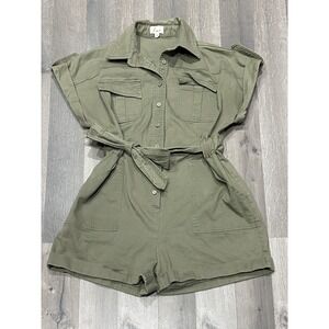 Lena Olive Green Denim Romper Shorts Short Sleeve Belted R1080 - Women's Size L